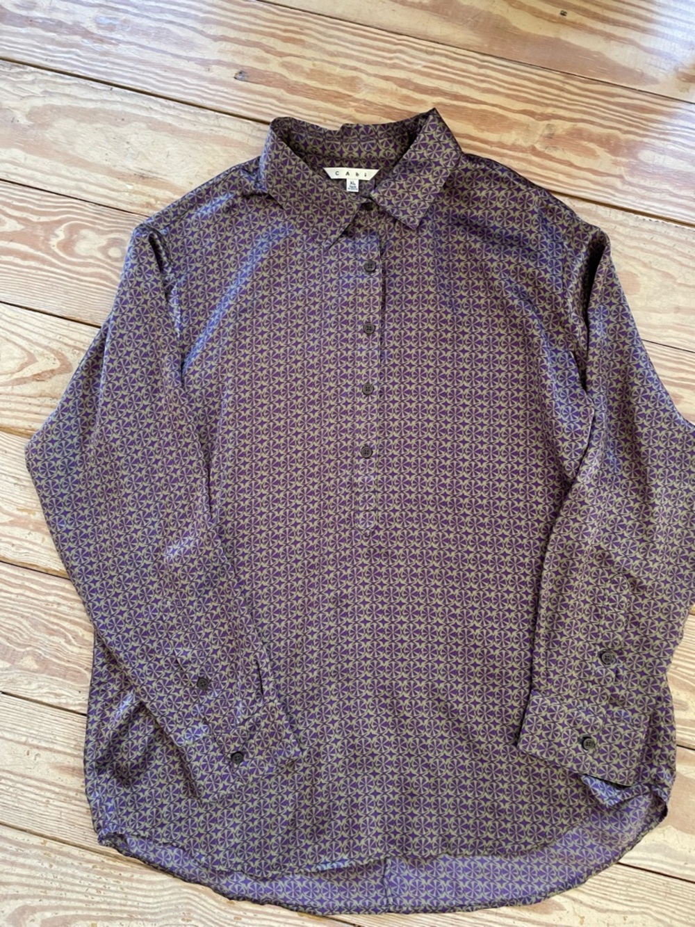 CAbi Purple Geometric Button-Down Silk Shirt